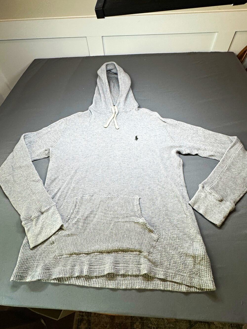 Polo Ralph Lauren Gray Knit Pullover Hoodie Drawstring Logo Pockets Men’s M